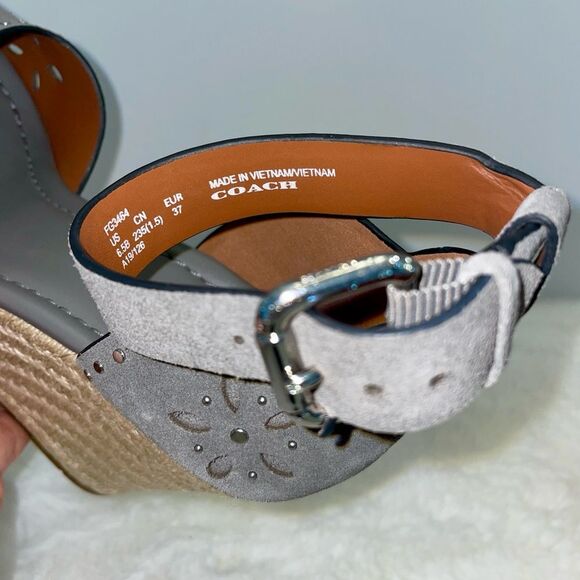 COACH Kelsi‎ Wedge Espadrille Sandals Heather Grey Gray Suede Studded Size 6.5 - Picture 5 of 6